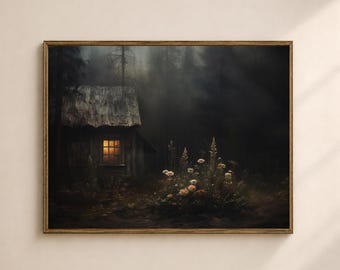 Dark Cabin Wand Kunst zum ausdrucken, Stimmungsvoller Wald Cottage Druck, Dark Academia Wohnzimmer Dekor