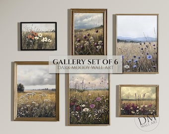 Wildflower Field Set of 6, Gallery Wall Art, Printable Moody Rustic Landscape, Vintage Digital Download