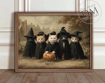 Witchy Cat Art Print, Halloween Cats in Witch Hats Painting, Printable Digital Gothic Wall Art