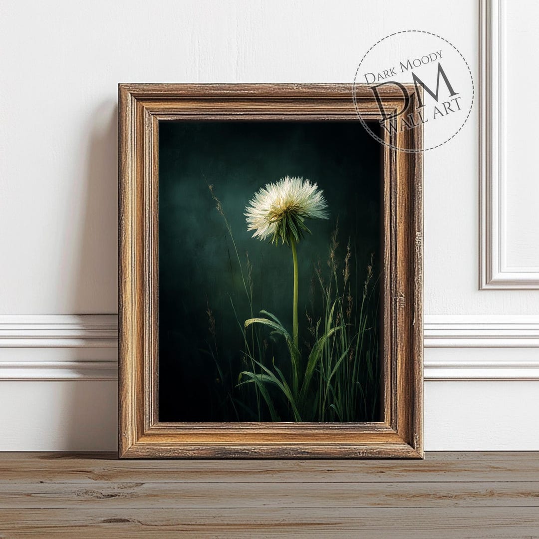 White Dandelion Wall Art Printable, Moody Botanical Flower Print, Dark ...