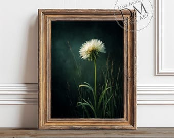 White Dandelion Wall Art Printable, Moody Botanical Flower Print, Dark Academia Cottagecore Decor