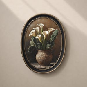カラーリリーとサボテンのメキシコ風プリントウォールアート、素朴な雰囲気の静物画、ヴィンテージデジタルダウンロード