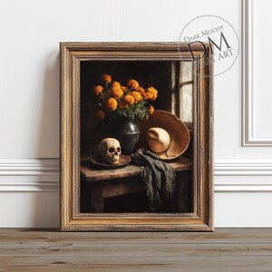 Día de Muertos Still Life, Printable Dark Moody Wall Art, Mexican Skull and Marigold Print, Digital Download