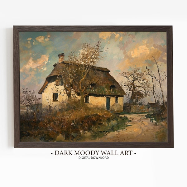 Irish Cottage Painting, Dark Moody Art, Printable Wall Art, Digital Download, Ireland Landscape, Rustic Thatched Cottage Print