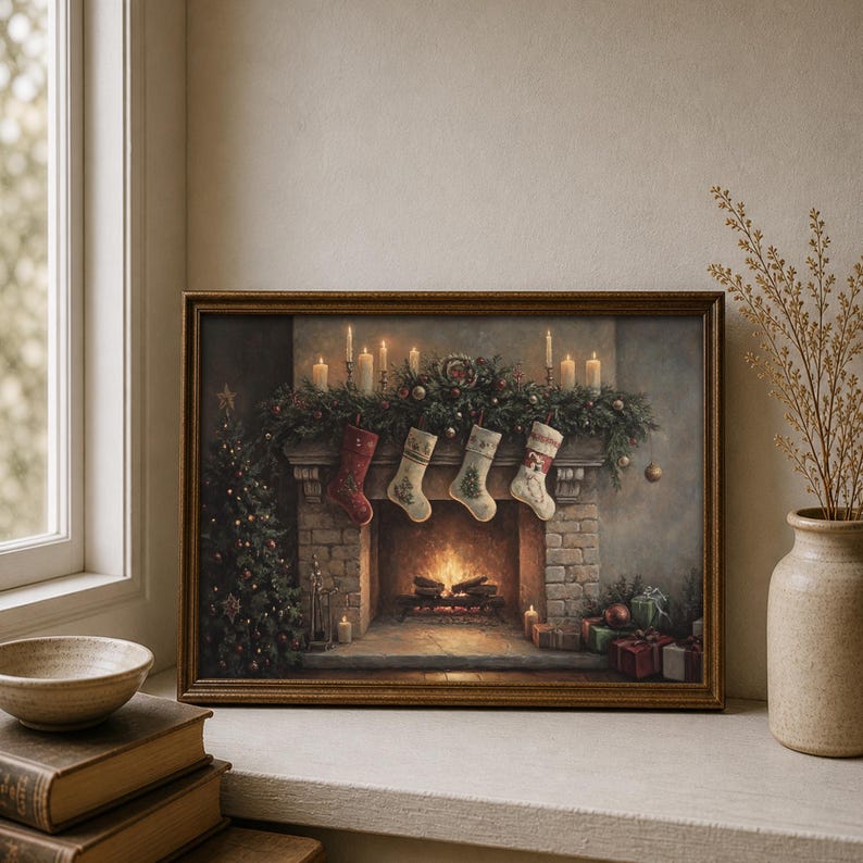May include: A framed painting depicts a cozy Christmas scene. A fireplace with a roaring fire is adorned with stockings and lit candles. A Christmas tree and wrapped gifts are also visible, creating a warm, festive atmosphere.