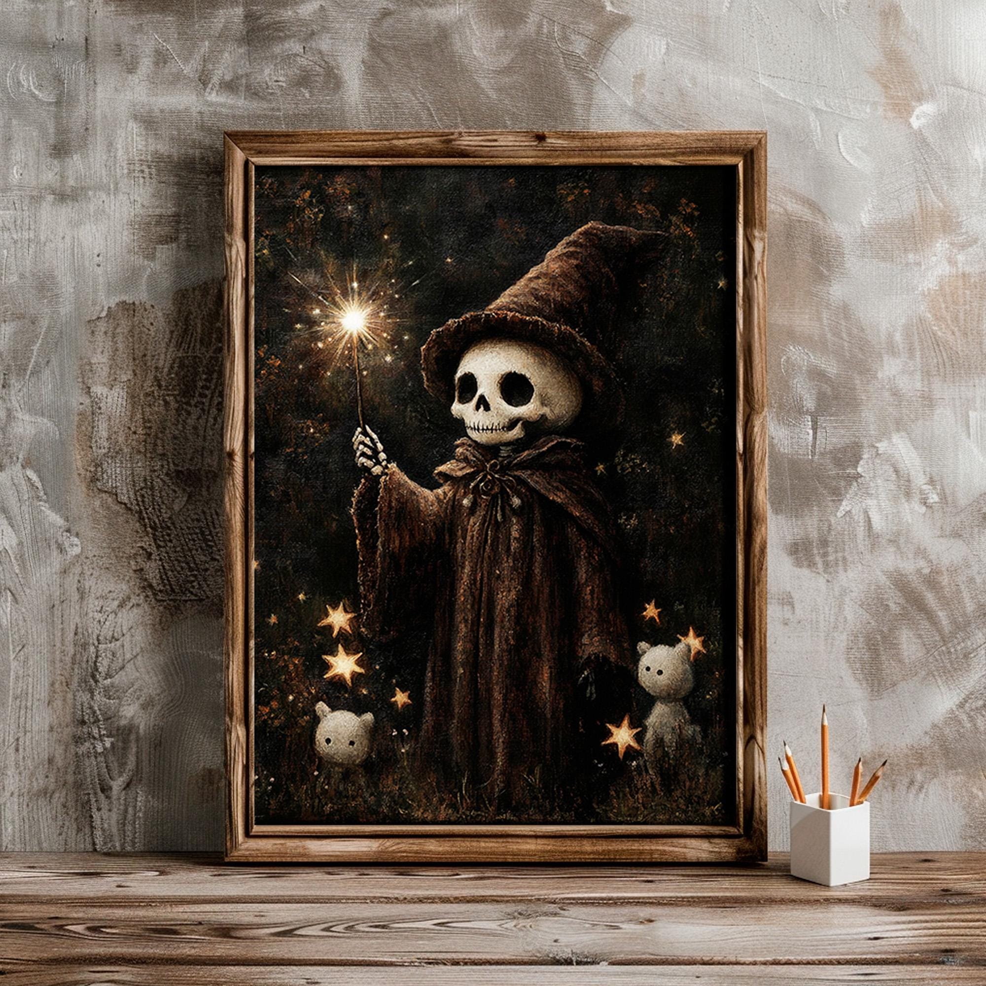 Skeleton Wizard Halloween Wall Art Print, Gothic Spooky Printable
