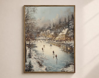 Winter Village Wall Art Printable, Snowy Ice Skating Landscape Print, Cozy Christmas Living Room Decor