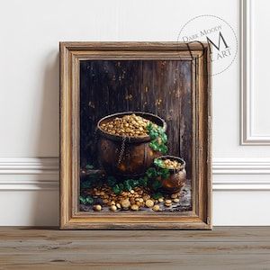Pot Of Gold Printable Wall Art, St Patrick’s Day Irish Decor, Moody Rustic Treasure Print, Vintage Digital Download