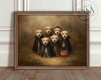 Puede incluir: Una impresión enmarcada que presenta seis cachorros vestidos con capas y capuchas, reunidos. Un cachorro sostiene una cesta de calabaza. La obra de arte tiene una estética vintage, en tonos sepia, con el texto "DARK MOODY WALL ART" en la esquina superior derecha.
