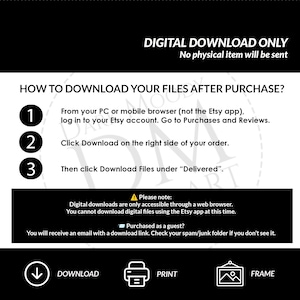 Op de afbeelding: Zwart-wit afbeelding met instructies voor het downloaden van digitale bestanden na aankoop. De tekst bevat "ALLEEN DIGITALE DOWNLOAD" en stappen om te downloaden vanaf een pc of mobiele browser. Pictogrammen voor downloaden, afdrukken en frame worden ook weergegeven.