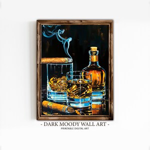Scotch Whiskey and Cigar Print, Digital Bar Cart Art, Printable Dark Moody Wall Art, Bar Wall Art, Kitchen Still Life Print Painting