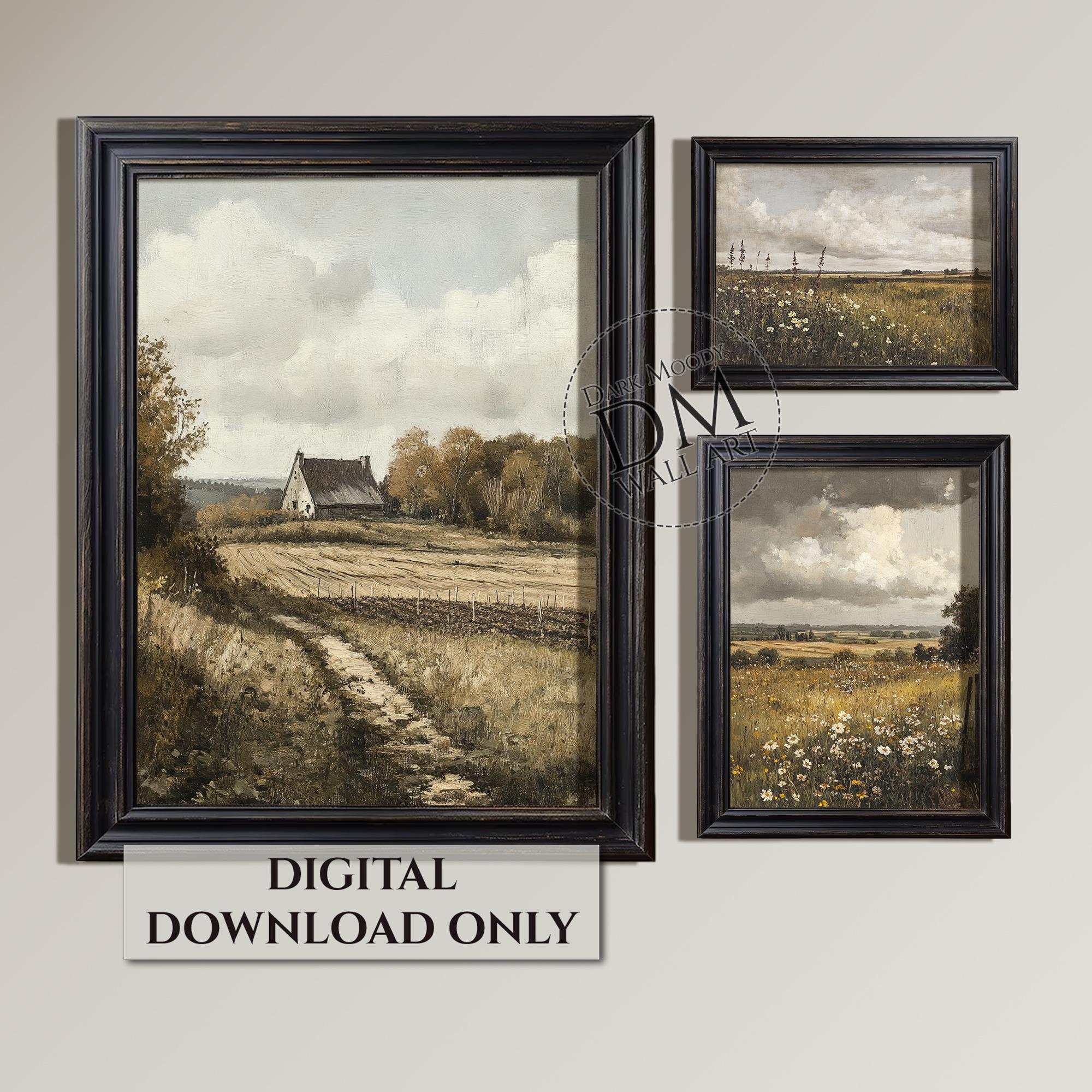 ヴィンテージな田園風景画3点セット、ギャラリーウォールアート、印刷