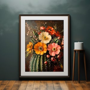 May include: A painting of a still life featuring a bouquet of colorful flowers in a vase made of a prickly cactus. The flowers are pink, orange, yellow, and white. The cactus is green and has a textured surface.