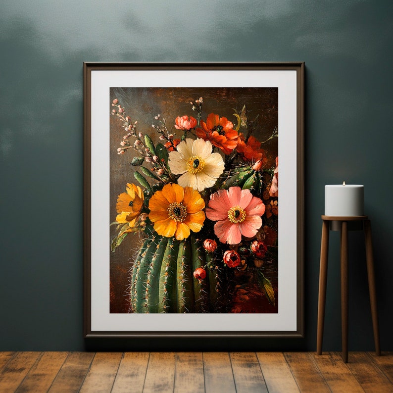 May include: A painting of a still life featuring a bouquet of colorful flowers in a vase made of a prickly cactus. The flowers are pink, orange, yellow, and white. The cactus is green and has a textured surface.