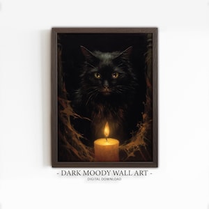 キャンドルをつけた黒猫の絵画プリント、ダークなハロウィーンの装飾、デジタル印刷可能な壁アート