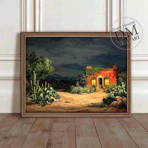 May include: A painting of a red adobe house with a lit window at night. The house is surrounded by desert plants and a dirt road. The sky is dark and cloudy.