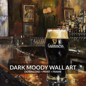 K&ouml;nnte beinhalten: Ein dunkles und stimmungsvolles Gem&auml;lde eines Guinness-Pints in einer Pub-Atmosph&auml;re. Das Glas steht auf einer Holztheke mit einem verschwommenen Hintergrund aus Flaschen und einem Spiegel. Der Text "Guinness" ist auf dem Glas zu sehen.