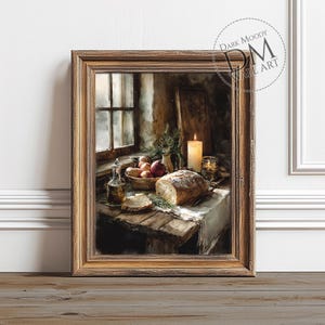 Rustic Bread Still Life, Printable Moody Wall Art, Cozy Kitchen Table Print, Digital Download