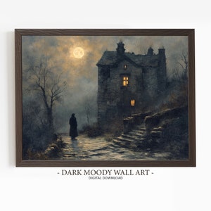 Farmhouse Cottage Dark Moody Wall Art, Forest Cabin Painting Print, Moody Landscape Art, Printable Digital Decor