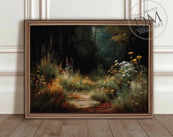 野生の花の森の小道のプリント可能な壁アート、素朴な田舎の花の風景プリント、ヴィンテージデジタルダウンロード