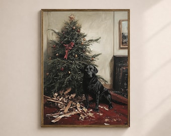 Black Labrador Christmas Wall Art Printable, Moody Holiday Dog Print, Rustic Living Room Decor