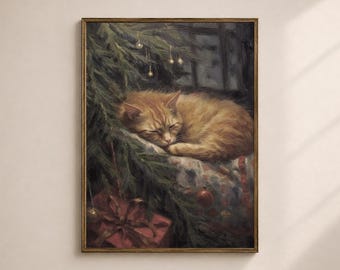 May include: A framed painting of a ginger cat asleep amongst Christmas tree branches. The artwork includes a red gift box and baubles, creating a festive scene. The painting has a vintage style with a warm colour palette, evoking a sense of nostalgia.