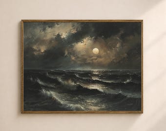 Moonlit Ocean Printable Wall Art, Dark Gothic Stormy Sea Print, Vintage Digital Download