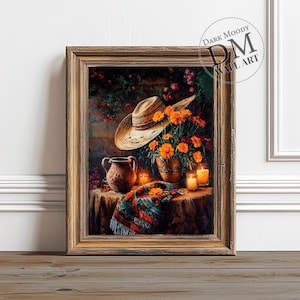 Sombrero And Marigolds Printable Painting, Dark Moody Mexican Wall Art, Vintage Still Life With Candlelight, Digital Download