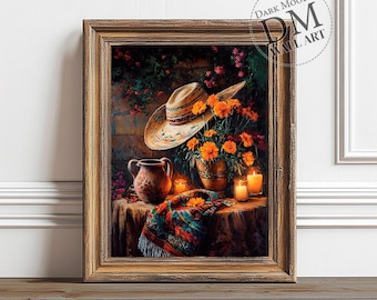 Mexican Sombrero & Marigold Printable Wall Art, Rustic Moody Still Life, Vintage Digital Download