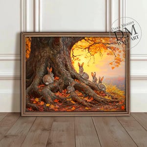 Autumn Forest Animal Print, Printable Moody Wall Art, Woodland Bunny Family Print, Digital Download