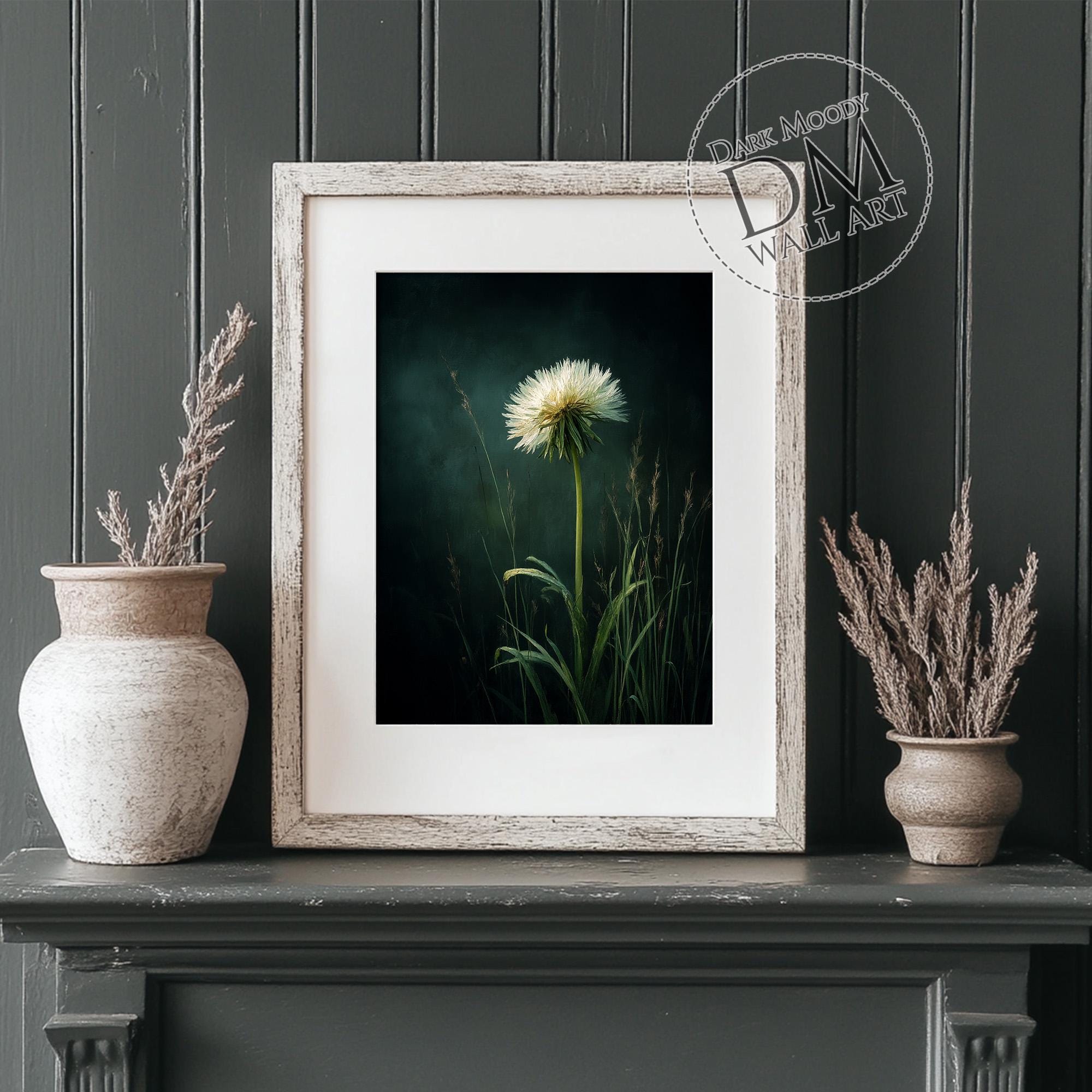 White Dandelion Wall Art Printable, Moody Botanical Flower Print, Dark ...