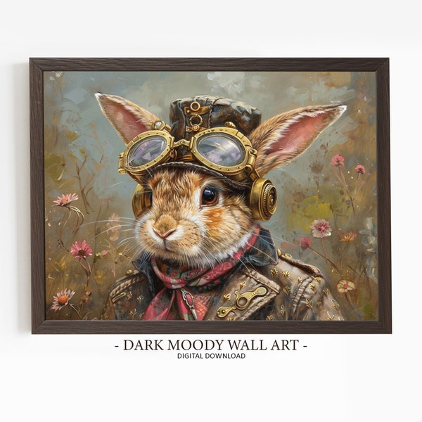 Steampunk Spring Bunny Rabbit Printable, Dark Spring Decor, Vintage Farmhouse Print, Vintage Rabbit Painting Spring Print Art