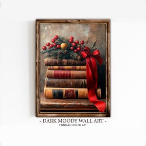 Christmas Vintage Book Stack, Printable Dark Moody Wall Art, Holiday Dark Academia Still Life Print, Digital Download