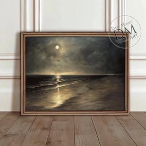 Moody Sea Calm Beach Print, Coastal Seascape Painting, Moonlight Print, Ocean Printable Dark Moody Art, Digital Download