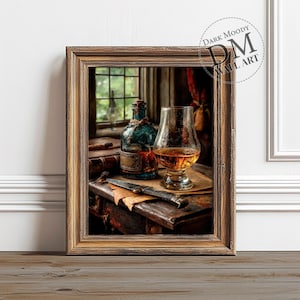 Whiskey i nóż martwa natura, drukowana ciemna nastrojowa sztuka ścienna, sztuka vintage męski wózek barowy, cyfrowe pobieranie