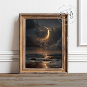 May include: Framed art print depicting a celestial scene. A golden crescent moon emits light over a dark ocean with waves. The artwork is set against a cloudy sky and framed in a gold-toned wooden frame. The text "DARK MOODY WALL ART" is in the upper right corner.