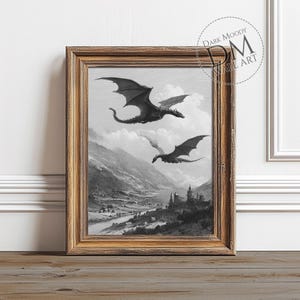 Flying Dragons Over Castle Valley, Printable Fantasy Wall Art, Epic Medieval Landscape Print, Digital Download