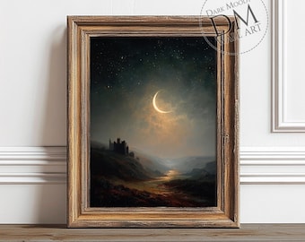 Crescent Moon Wall Art Printable, Gothic Castle Night Landscape Print, Dark Bedroom Decor