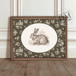 Rabbit Printable Wall Art, Vintage Animal Illustration with Floral Border, Digital Download