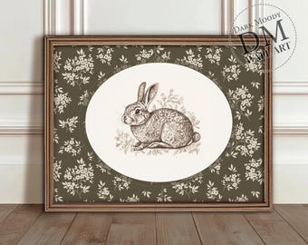 Arte de parede imprimível de coelho, ilustração vintage de animal com borda floral, download digital vintage