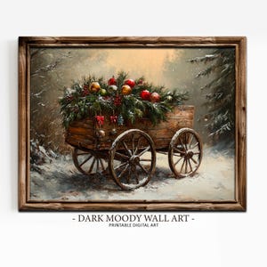 ヴィンテージクリスマスワゴンシーン、印刷可能なダークで落ち着いた雰囲気のウォールアート、素朴なホリデーウィンターカートプリント、デジタルダウンロード