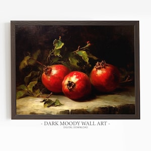 Vintage Pomegranate Print, Dark Moody Fruit Painting, Rustic Kitchen Still Life Wall Art, Digital Printable Decor