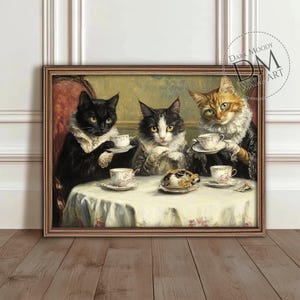 Gatos Tomando Chá na Festa - Arte de Parede Escura e Sombria para Imprimir, Estampa de Animal Vintage Vitoriana e Caprichosa, Download Digital