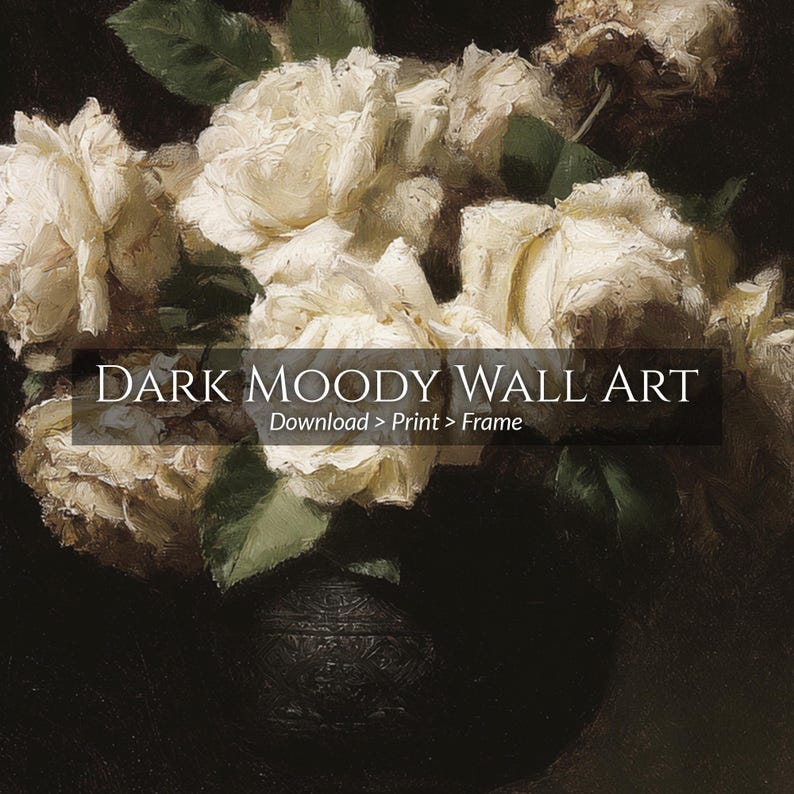 White Rose Wall Art Printable, Moody Floral Still Life Print, Gothic ...