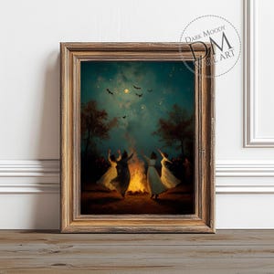 Halloween Witch Bonfire Printable Wall Art, Gothic Night Dance Scene, Digital Download