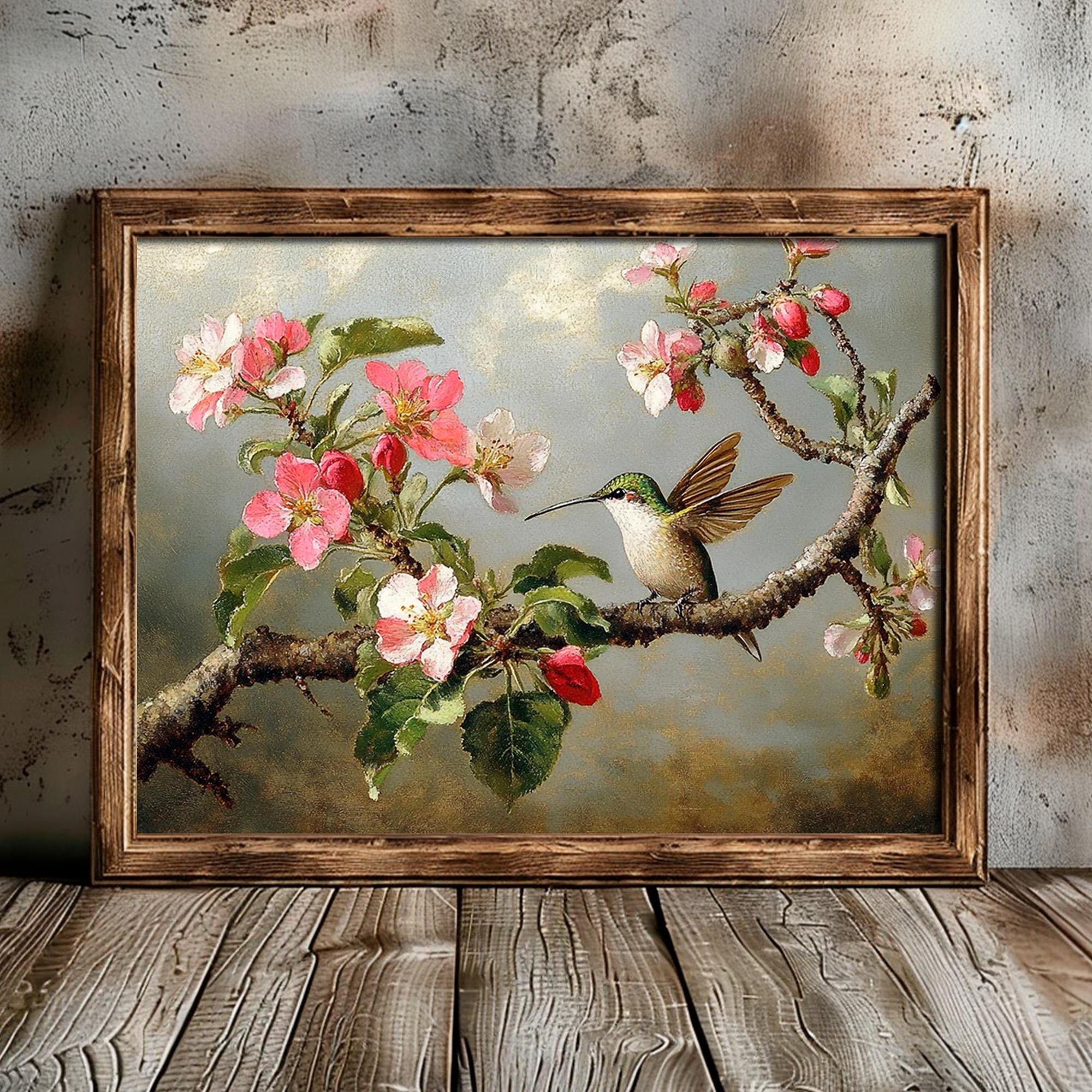 ハチドリのプリント可能なウォールアート、素朴な春の花柄の鳥の