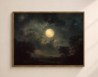 May include: A framed landscape painting depicting a luminous full moon centered in a dark, cloudy night sky. Silhouetted trees frame the lower portion of the scene, with a soft glow illuminating the surrounding clouds and a distant horizon line.
