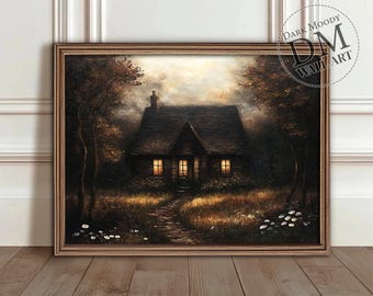Farmhouse Cottage Print, Printable Moody Landscape Painting, Dark Moody Wall Art, Forest Wall Art, Dark Cottagecore Print, Rustic Forest Art