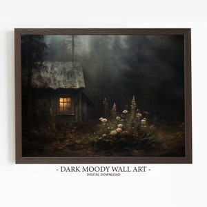 Farmhouse Cottage Dark Moody Wall Art, Dark Forest Print, Moody Landscape Painting, Dark Cottagecore Print, Printable Rustic Wall Decor