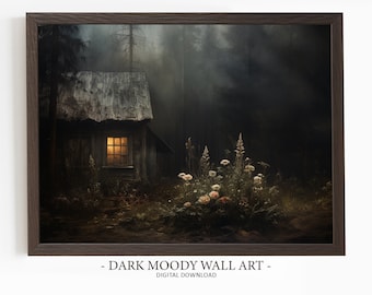 Farmhouse Cottage Dark Moody Wall Art, Dark Forest Print, Moody Landscape Painting, Dark Cottagecore Print, Printable Rustic Wall Decor